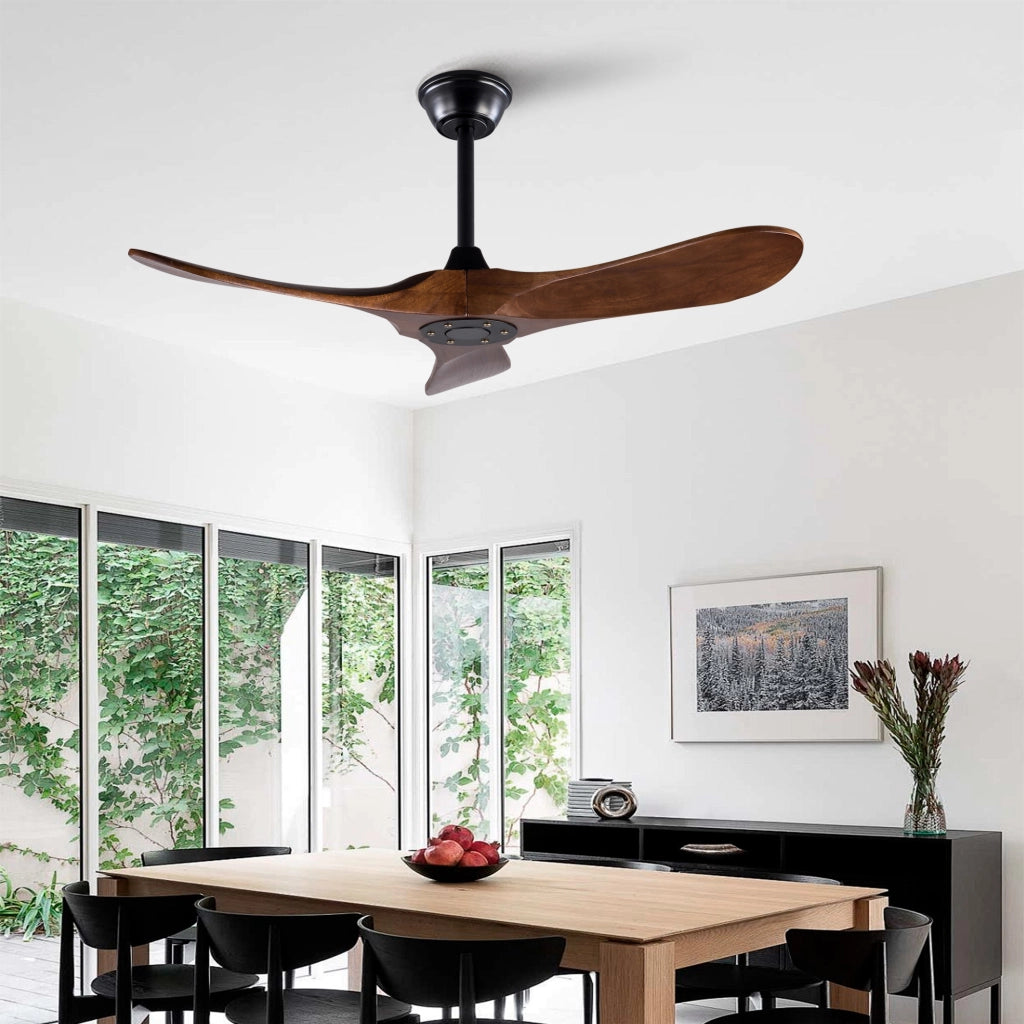 Ventilatore da soffitto senza luce con 3 pale in legno motore DC reversibile con telecomando nero e noce scuro