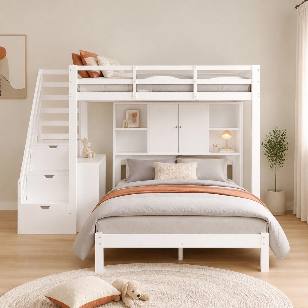 Letto a castello con scala contenitore, ripiani e tavolino mobile