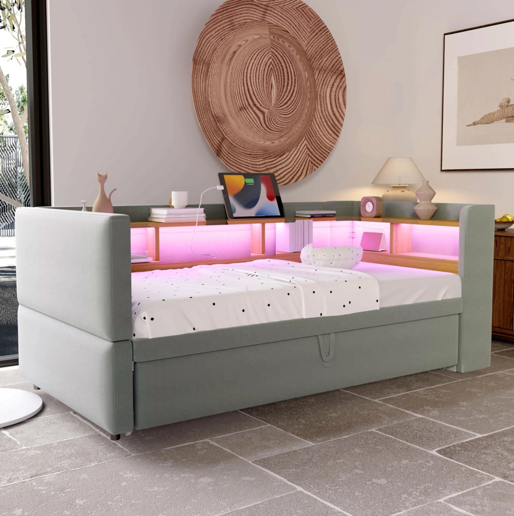 Divano letto estraibile 90/180x190 cm con LED, prese e vani in flanella grigio chiaro