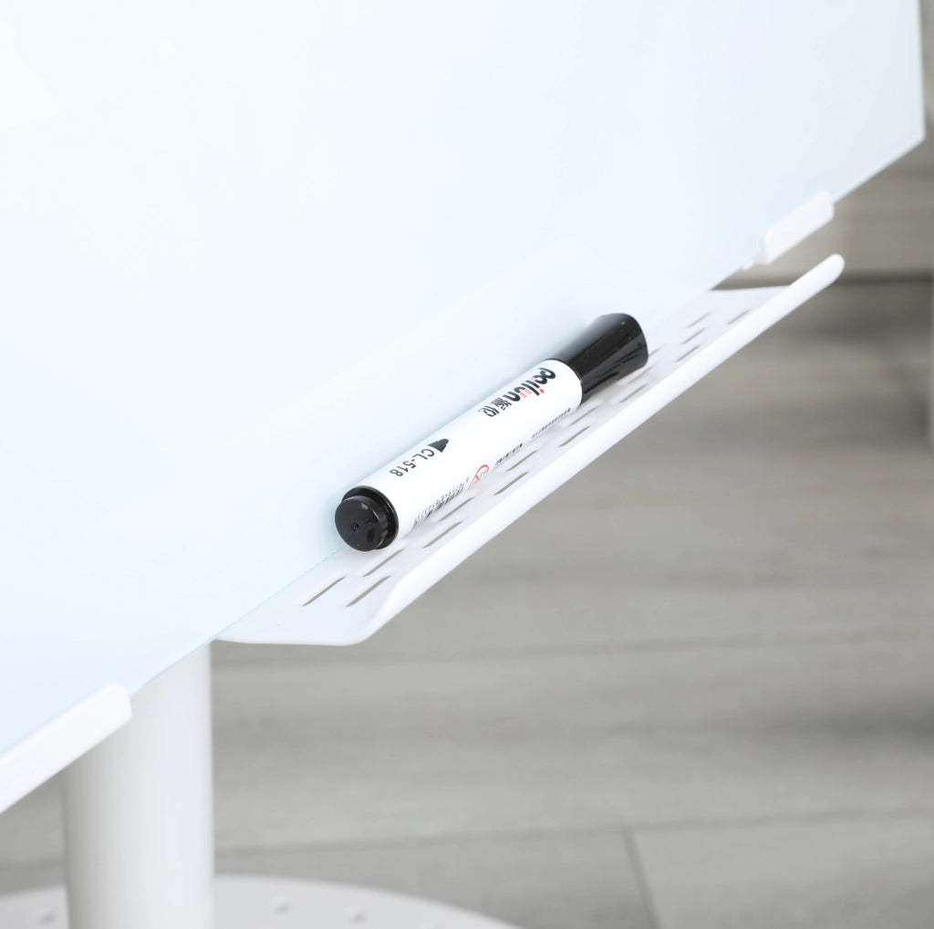 Lavagna magnetica in vetro temperato 90x60 cm con altezza e inclinazione regolabili, superficie cancellabile a secco, base ABS con ruote bloccabili, bianca