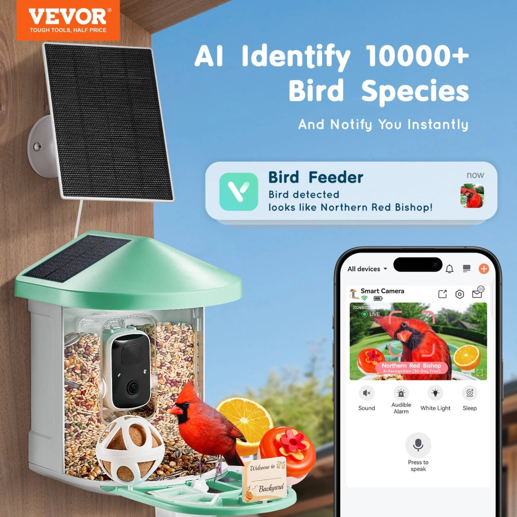 Mangiatoia per Uccelli Intelligente con Telecamera 2K FB-A05, Riconoscimento AI, 3 Pannelli Solari e Batteria 5200mAh per Giardino, Verde