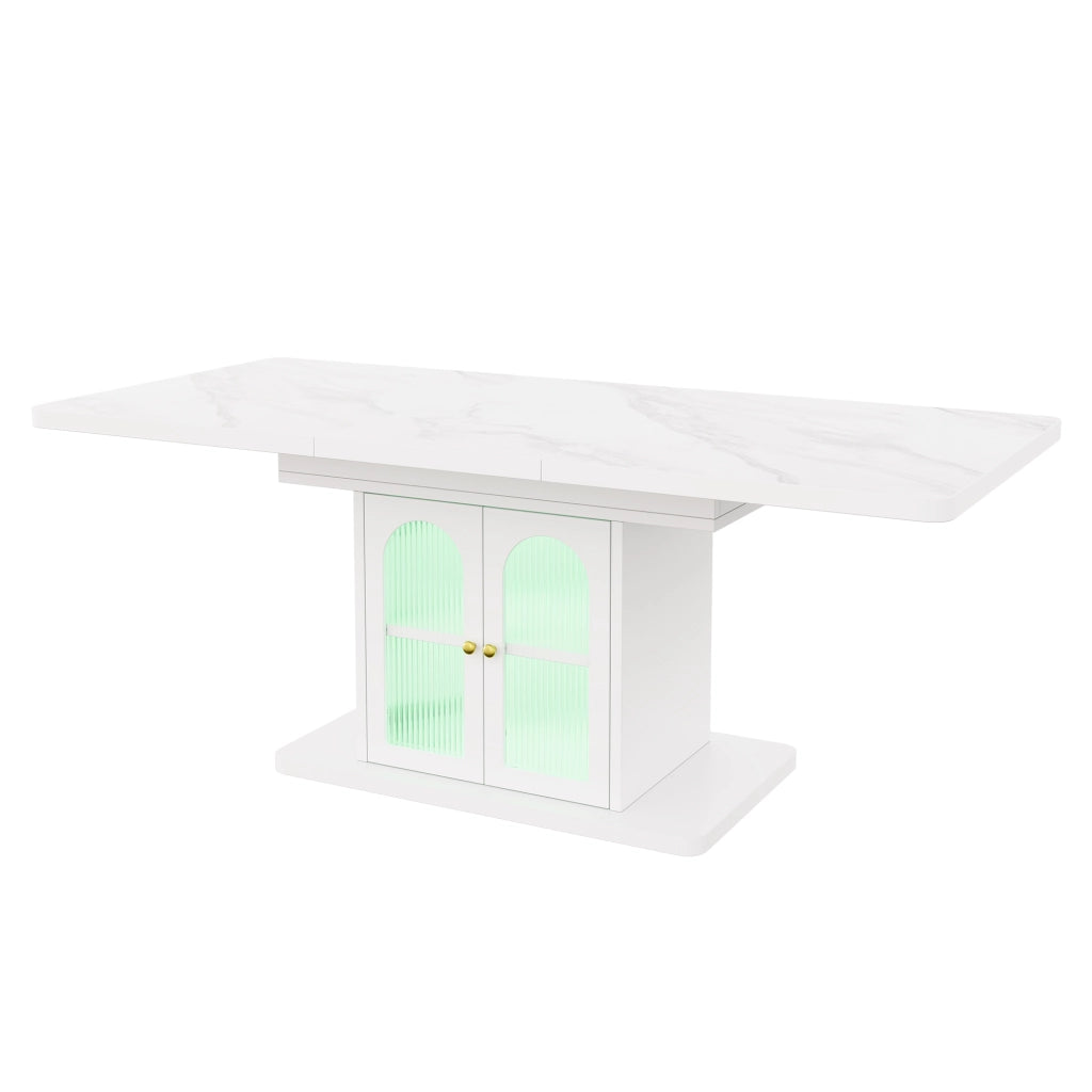 Tavolo da pranzo allungabile con vani contenitore e LED regolabili, stile scandinavo, in MDF bianco, 150/200 × 80 cm