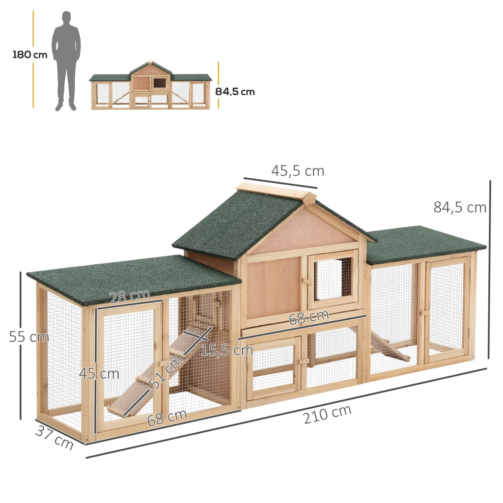 Gabbia per Conigli Grande in Legno per Esterno con Tettoia ¨C Minimal ¨C 210x45,5x84,5 cm Natural e Verde