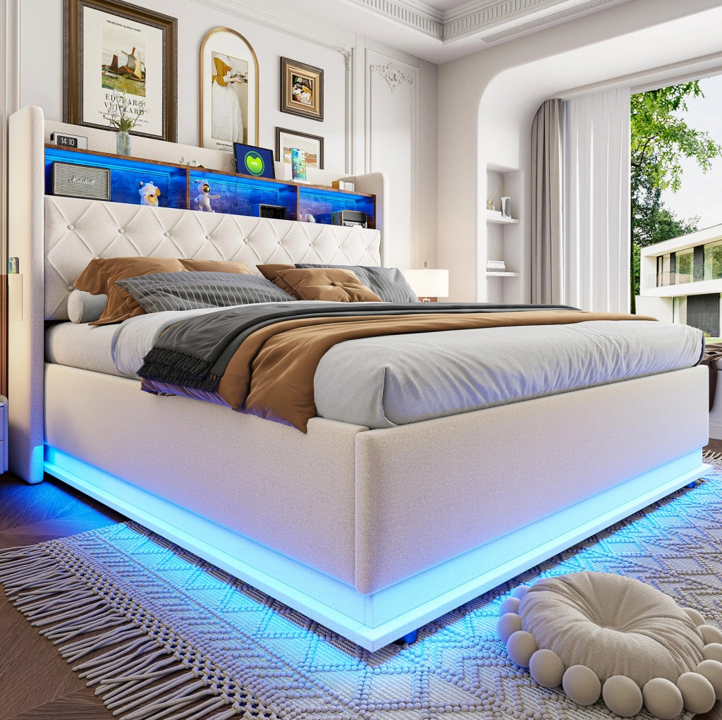 Letto imbottito 180x200 cm con LED multicolore, USB e contenitore idraulico in lino beige