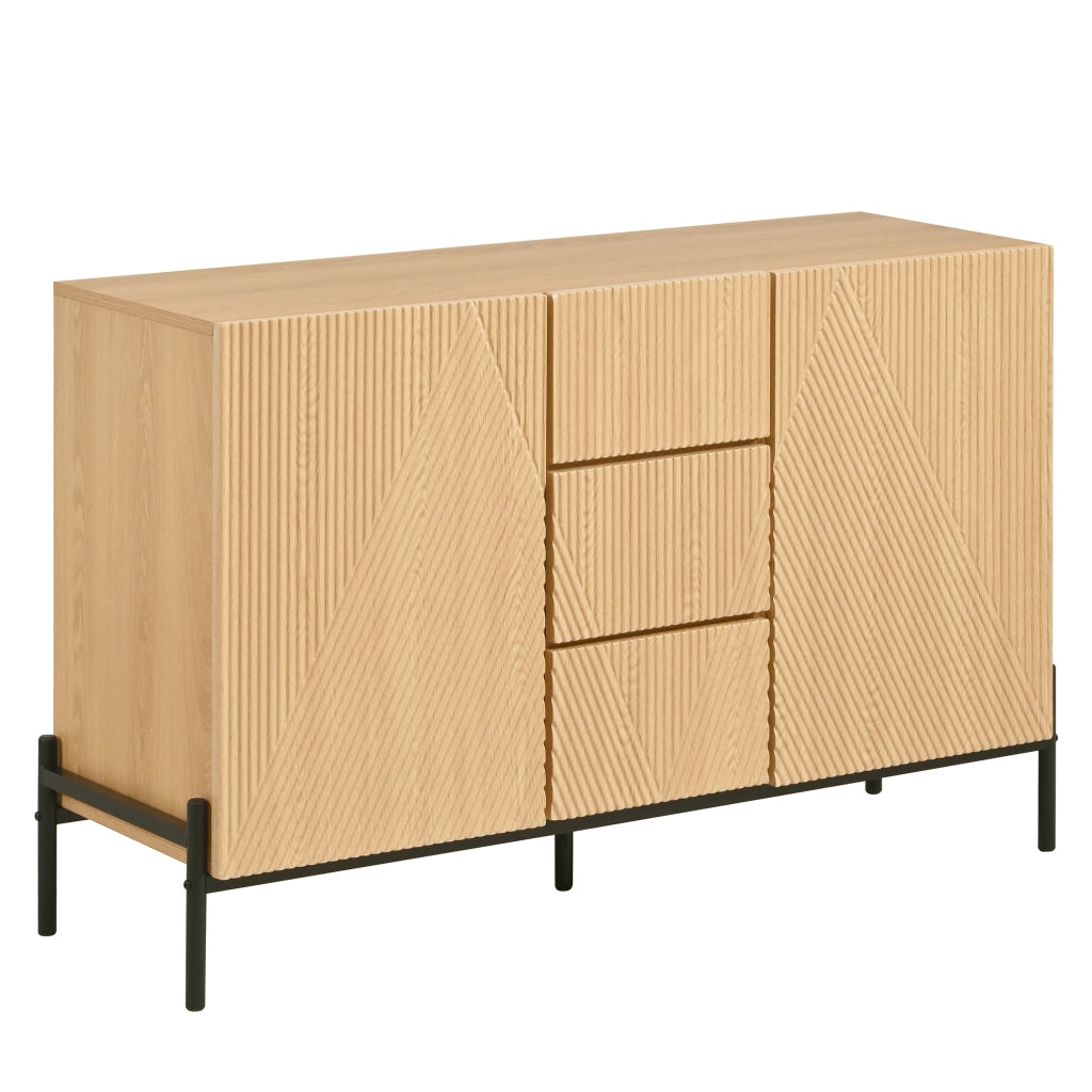 Credenza moderna con design geometrico; due ante e tre cassetti; MDF; color legno naturale