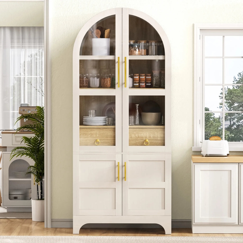 Highboard bianco con ripiani regolabili, cassetto e vetro scanalato. Mobile cucina con ampio spazio contenitore per soggiorno, sala da pranzo e cucina