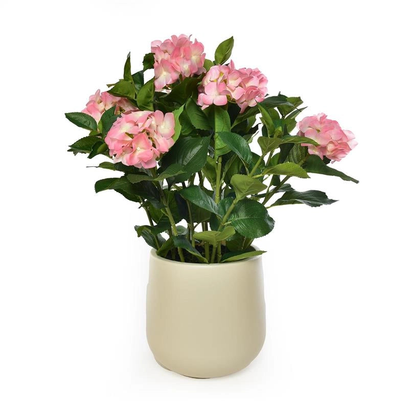 FIORE ORTENSIA ARTIFICIALE COLORE ROSA DA ARREDO IN POLIESTERE EFFETTO REAL TOUCH CON VASO IN PLASTICA  -  Ø 26 X H.69 CM