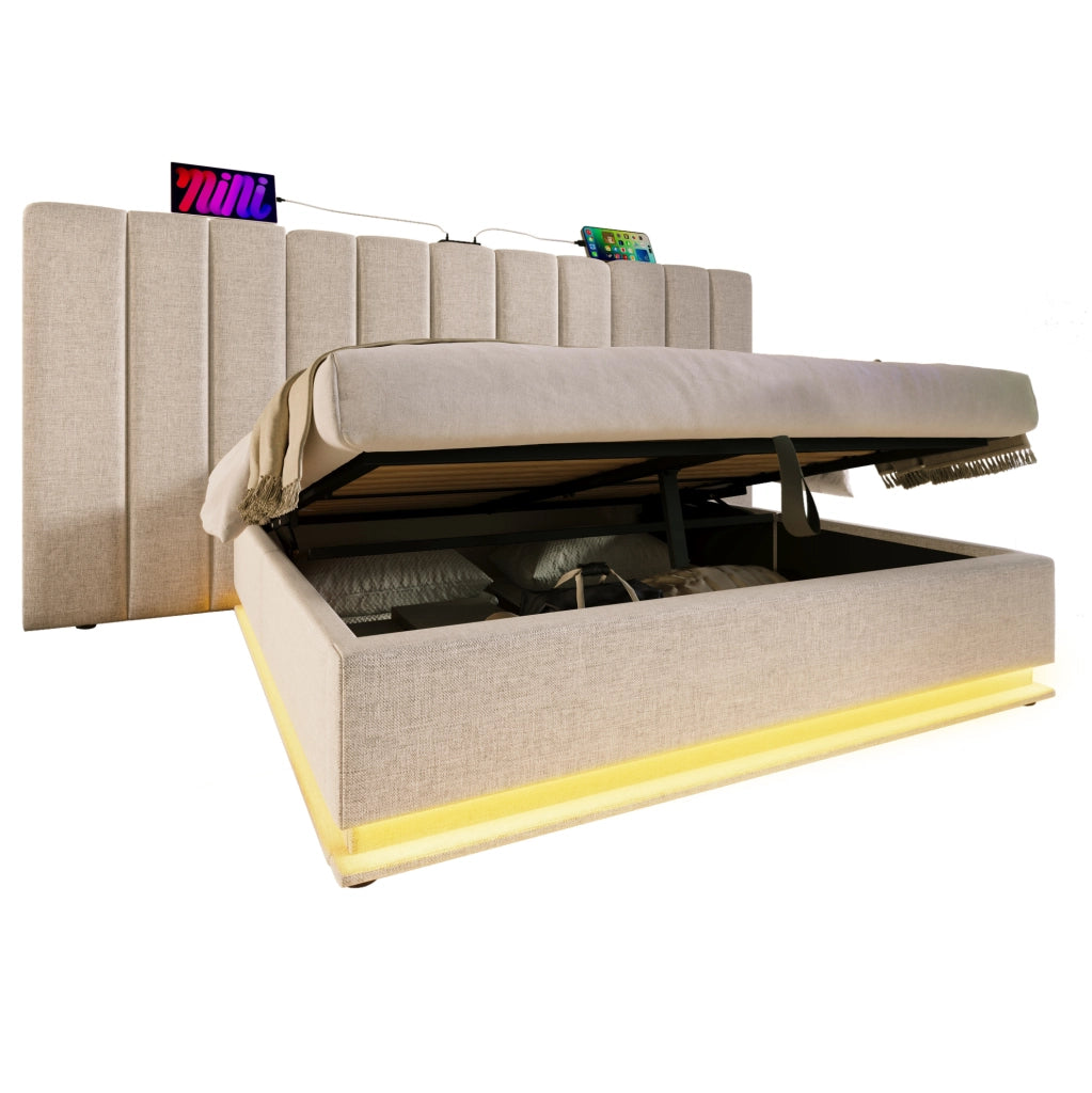 Letto matrimoniale 180x200 cm in lino beige con LED, contenitore e materasso