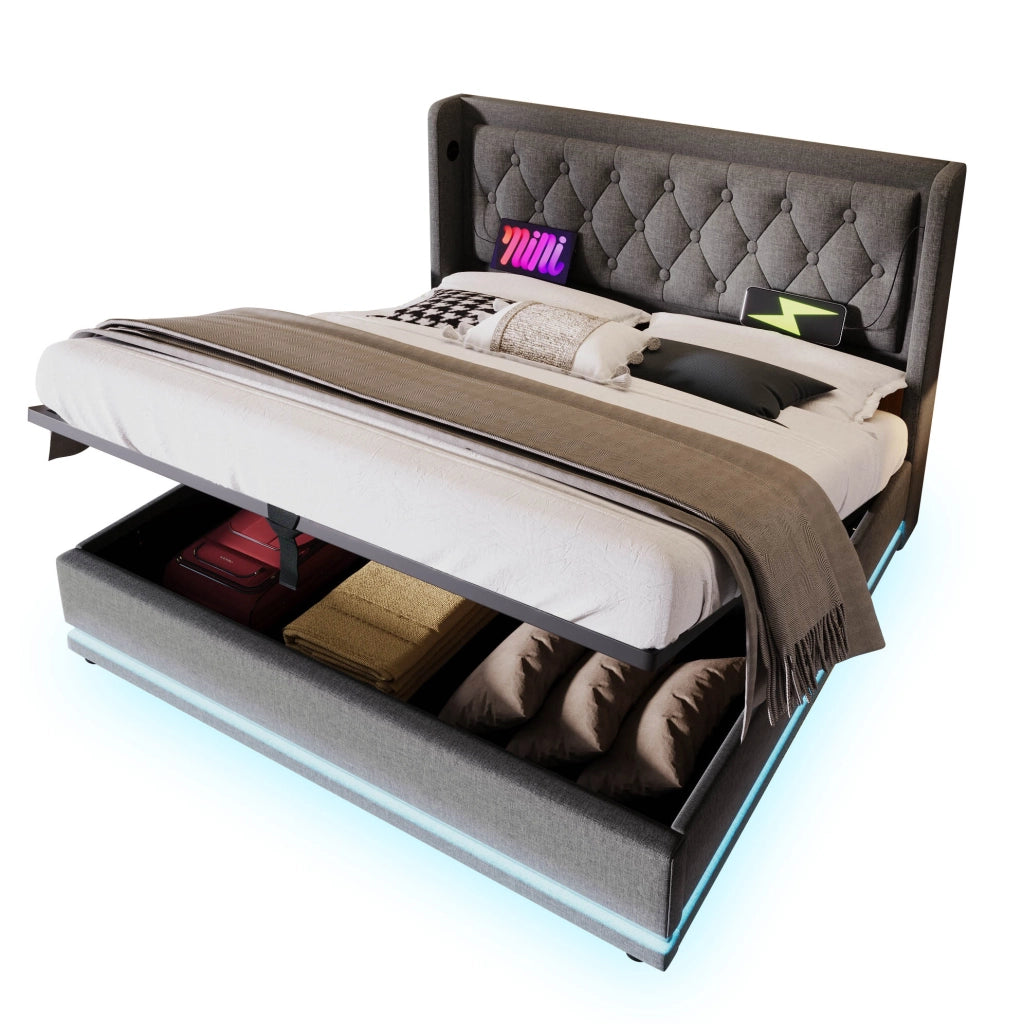 Letto matrimoniale 180x200 cm in cotone con LED e contenitore