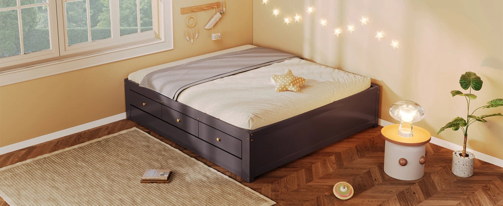 Letto matrimoniale con 3 cassetti e letto estraibile in MDF e pino color caffè per camera da letto