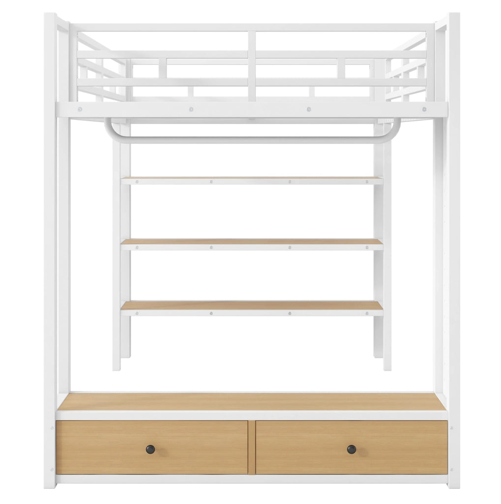 Letto a soppalco in metallo 140x200 cm con armadio aperto, scaffali, pannello forato e illuminazione LED bianco