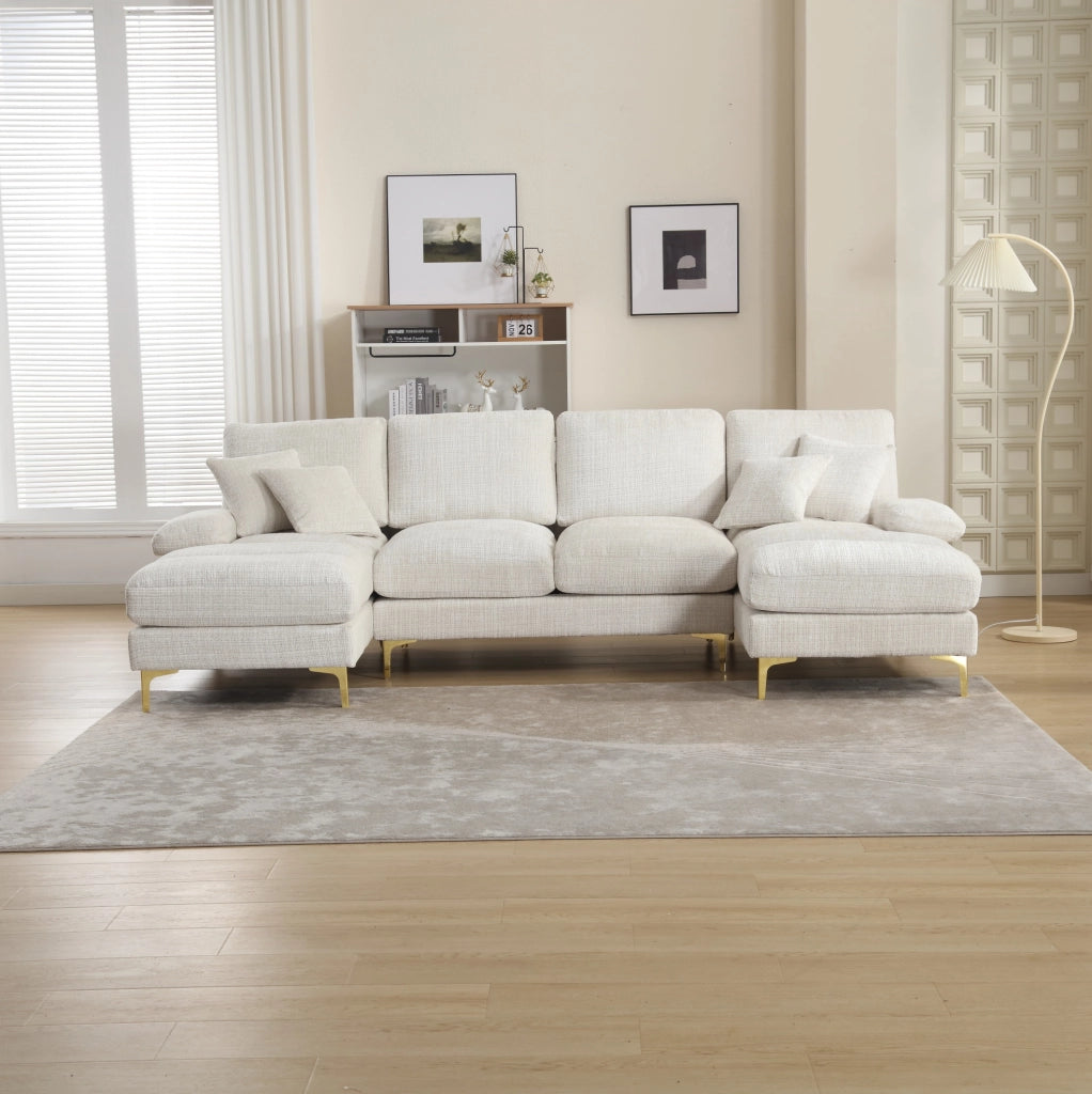 Divano modulare a sezioni Chenille a forma di U con doppi poggiatesta, struttura in legno, piedi in metallo oro, 272x136x88 cm