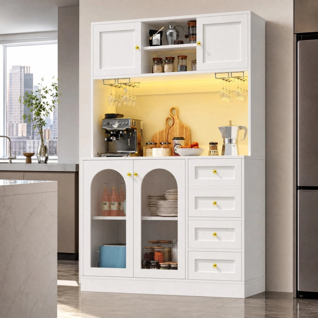 Credenza da cucina bianca con LED e vetro, 120x40x188 cm