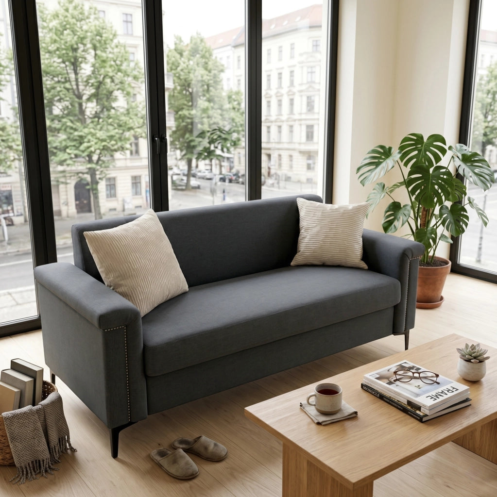 Divano 2 posti nordico in tessuto lino fine, struttura in legno massiccio e gambe in metallo nero 172×72×82 cm