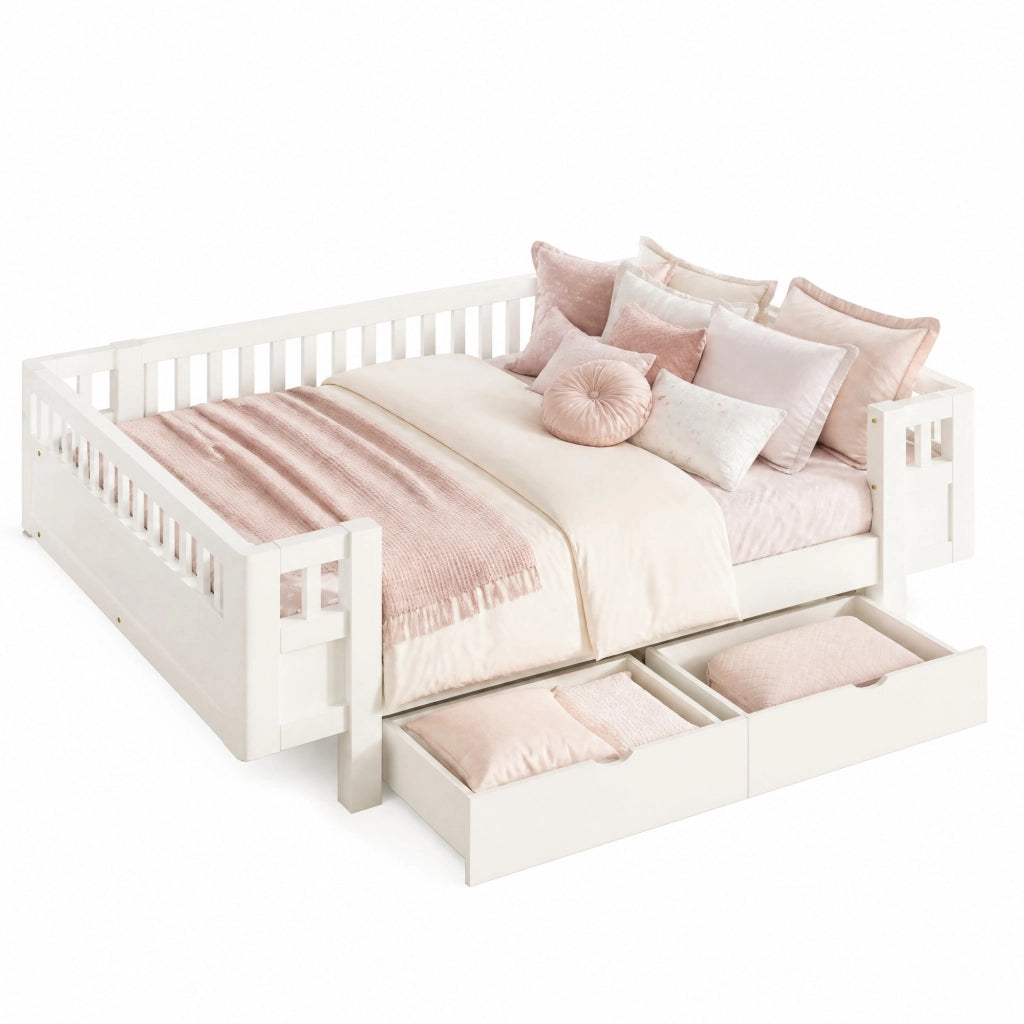 Letto per bambini con barriera alta e 2 cassetti, bianco