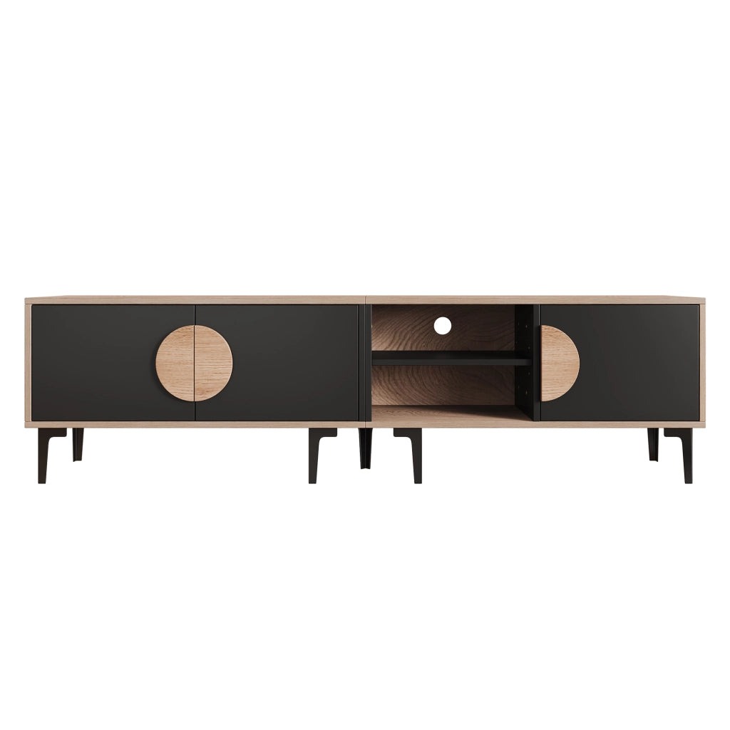 Mobile TV 180x35x49 cm con 3 ante e vani aperti; rovere e nero per TV fino a 80 pollici