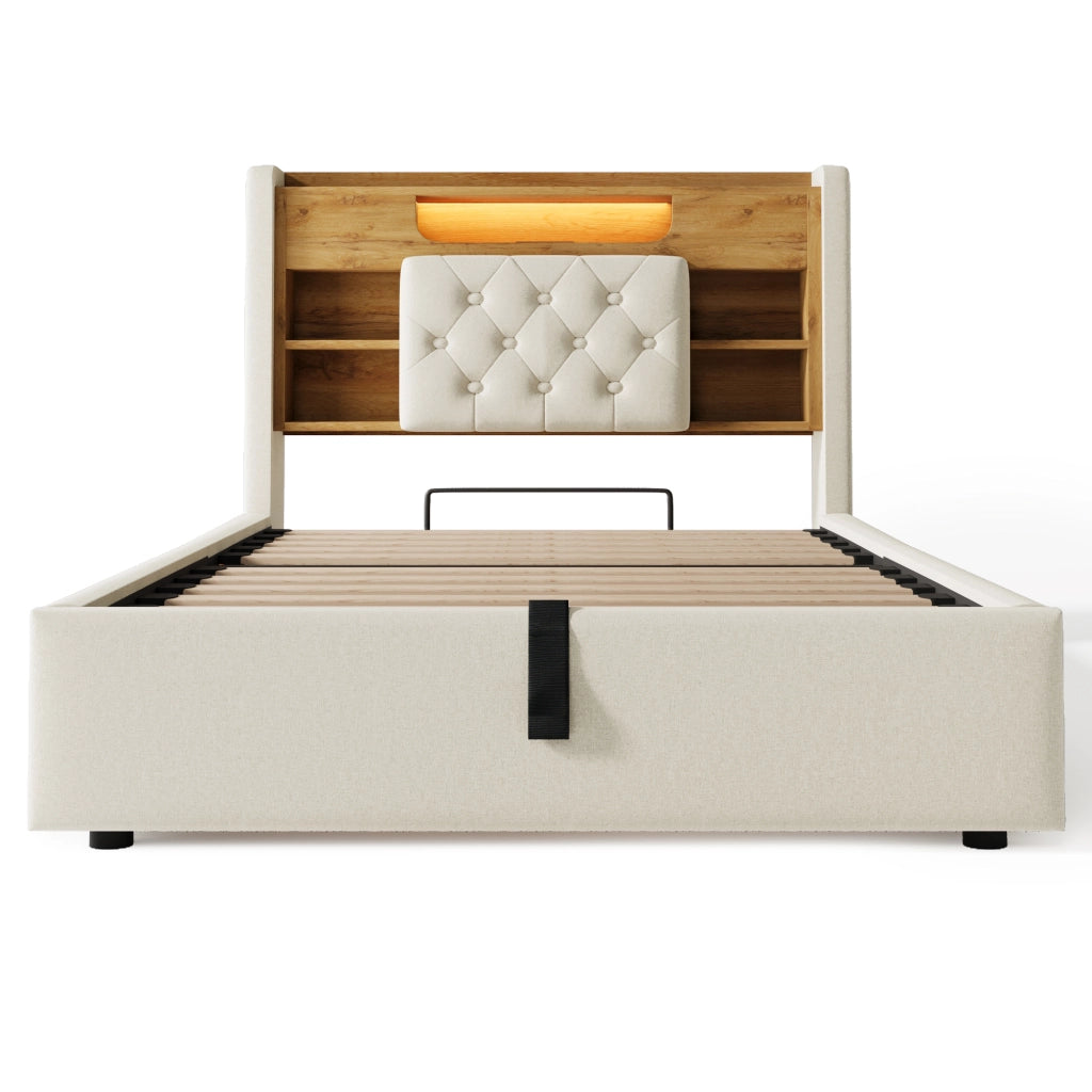 Letto imbottito beige 90 x 200 cm con contenitore idraulico