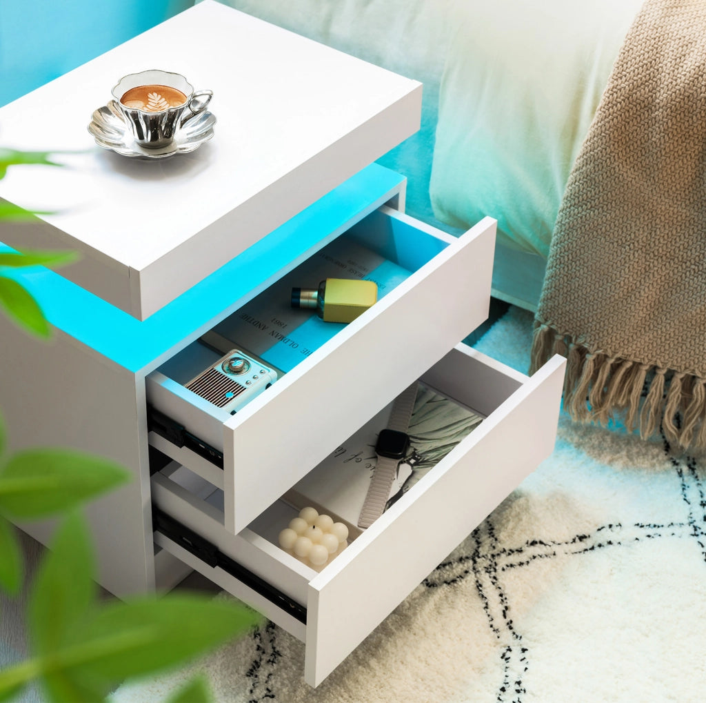 Comodino LED bianco con 2 cassetti e vano a giorno