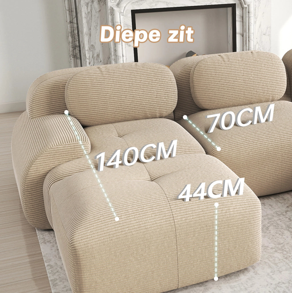 Divano 2 posti modulare in tessuto a coste beige con schiuma ad alta densità e braccioli ergonomici