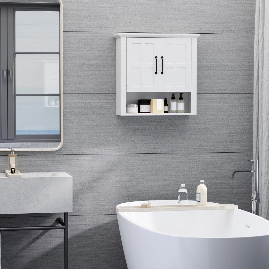 Mobiletto Pensile da Bagno Sospeso a Parete con 2 Ante Ripiani e Nicchia MDF Bianco Salvaspazio 60x20x58 cm
