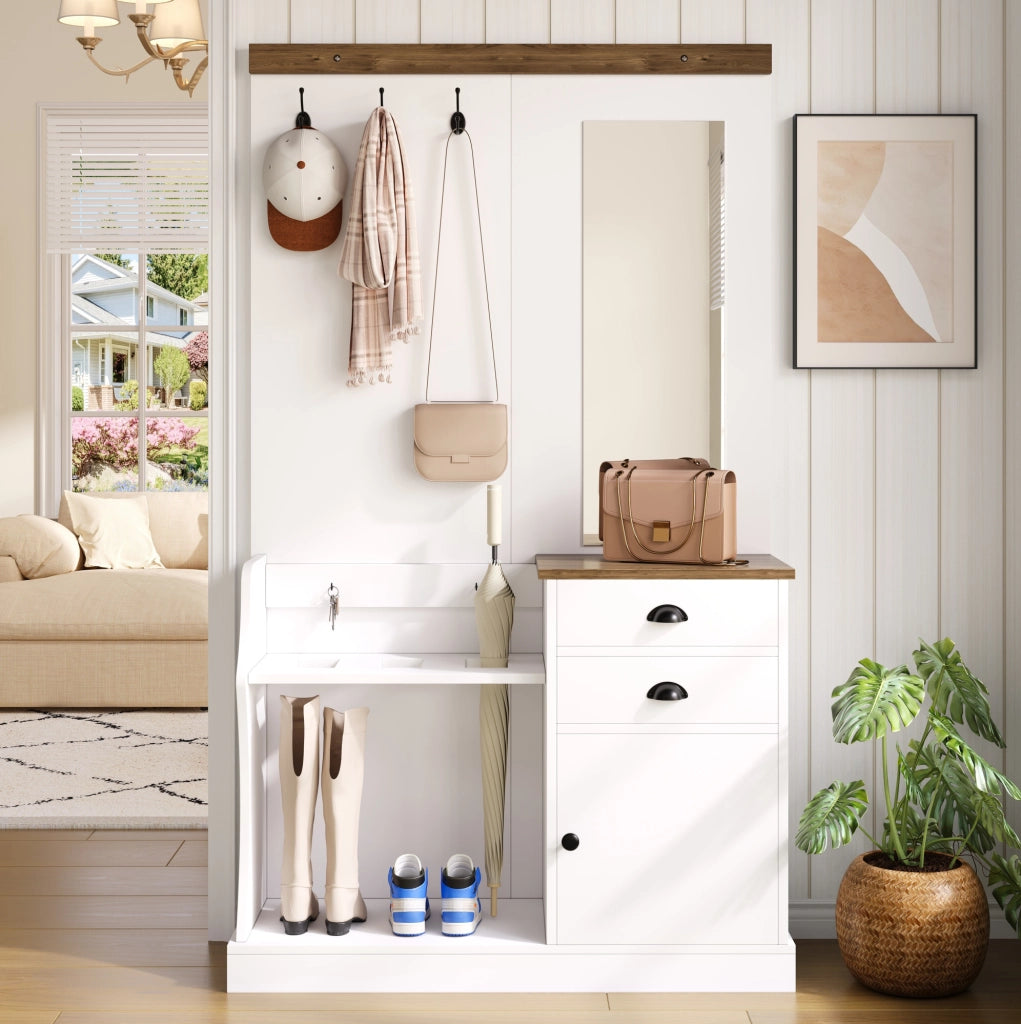 Set guardaroba ingresso 110,5x38x191 cm bianco, truciolare con specchio e 2 cassetti