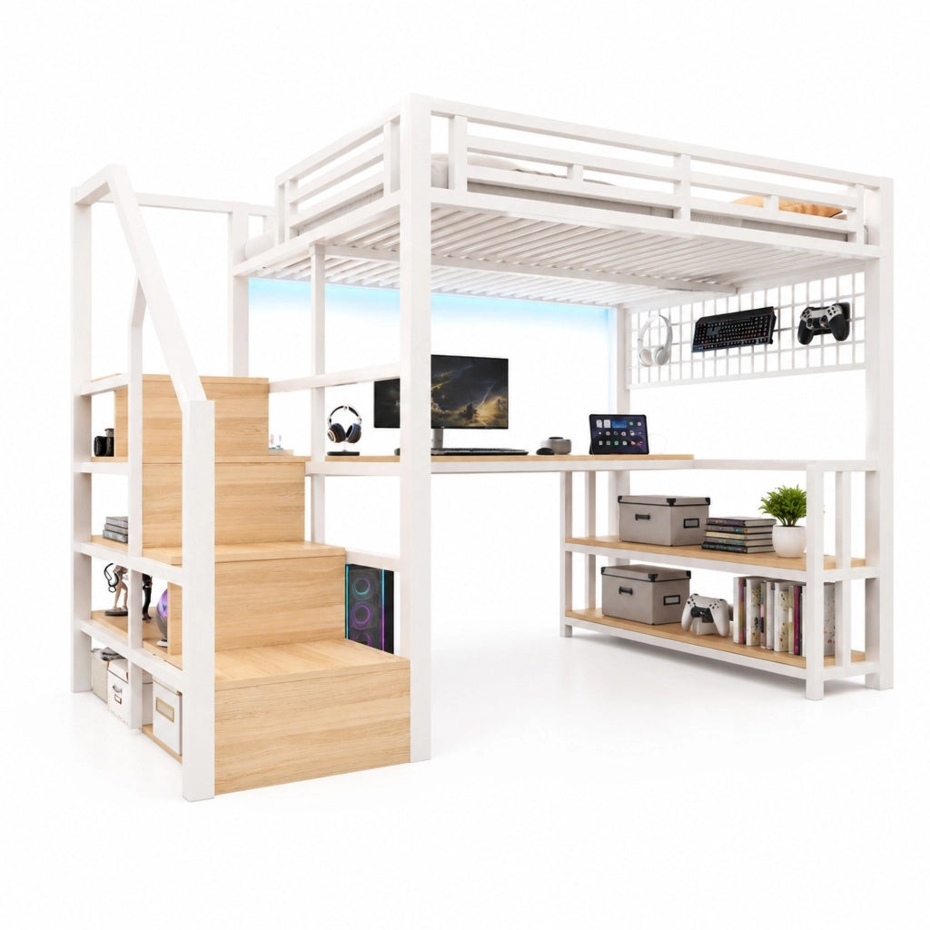 Letto a soppalco 140x200 cm bianco con scrivania, LED e ricarica USB