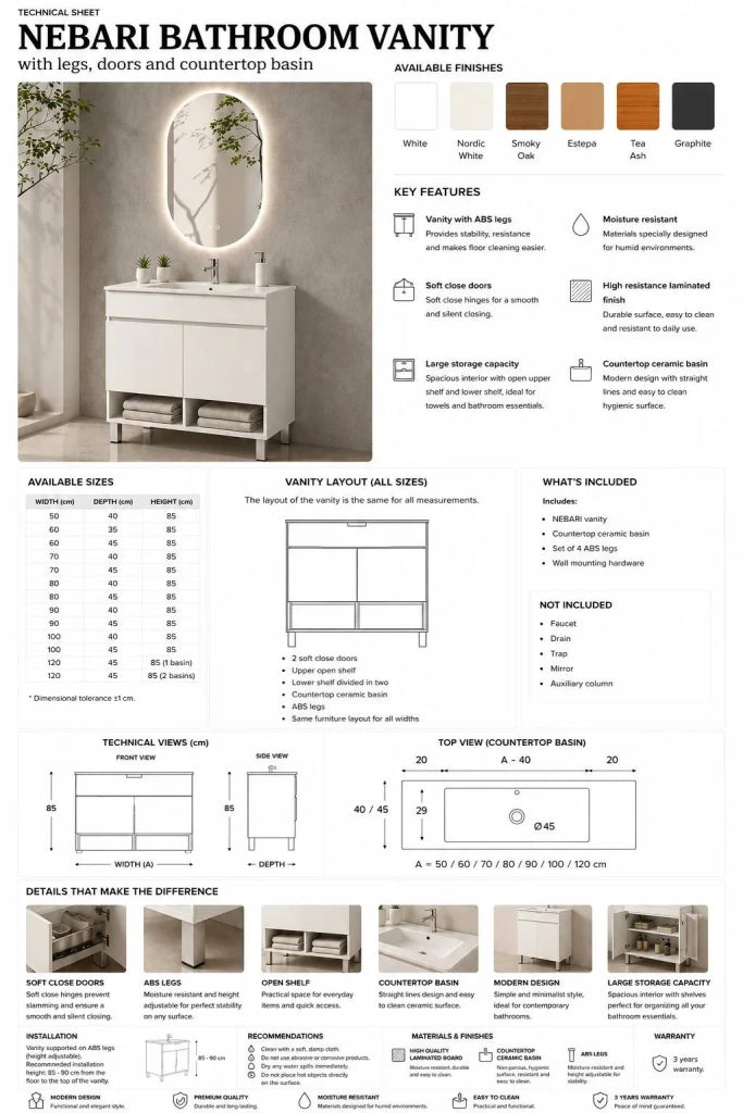 Mobile bagno con piedini con lavabo ORIGENBATH NEBARI con piedini e ante con colonna 70x40 cm bianco con colonna
