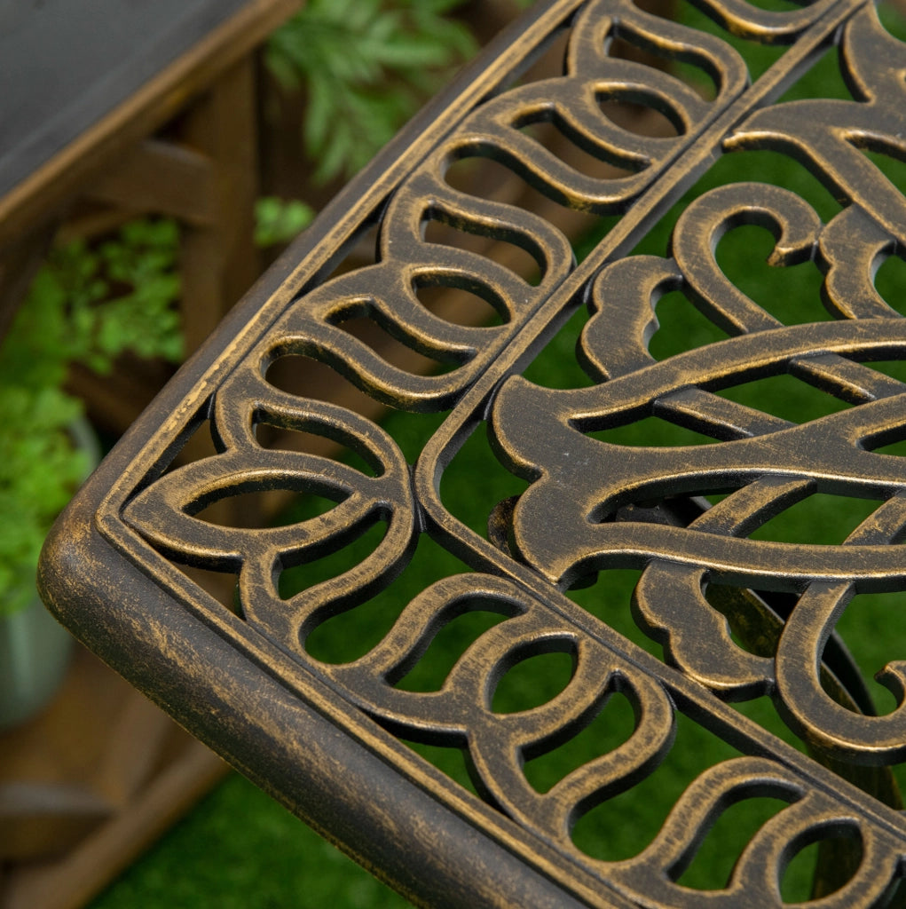 Tavolino da Esterno in Alluminio con Foratura per Ombrellone 54x54x52,5 cm, Finitura Bronzo Vintage per Giardino e Balcone