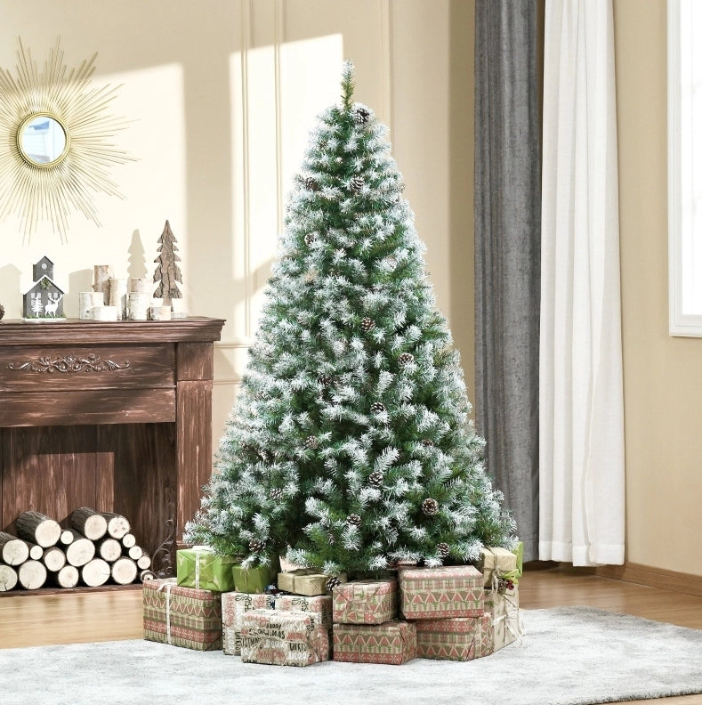 Albero di Natale Artificiale in Plastica 103 x 180 cm con 800 Rami Innevati e 61 Pigne Verde per Interni