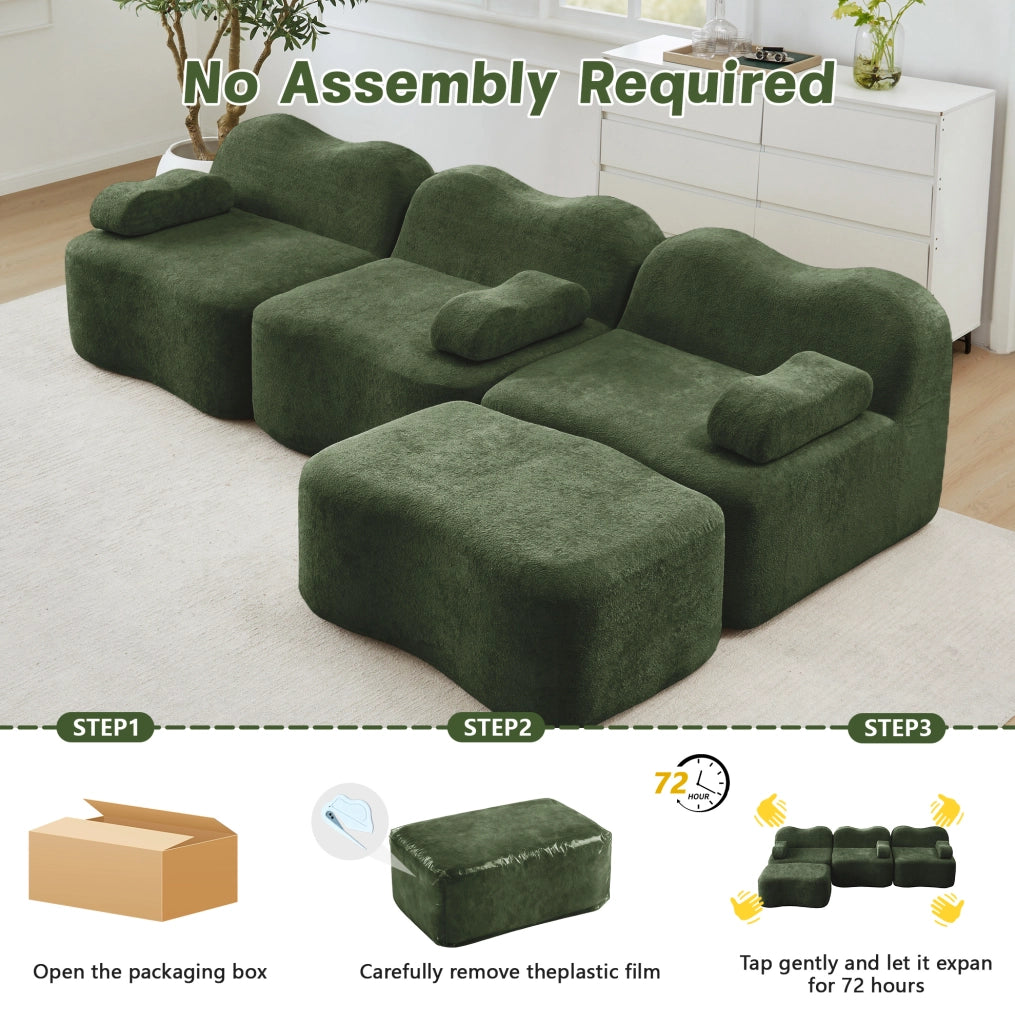 Divano modulare angolare verde in velluto, 3 posti con pouf, schiuma ad alta resilienza 32D