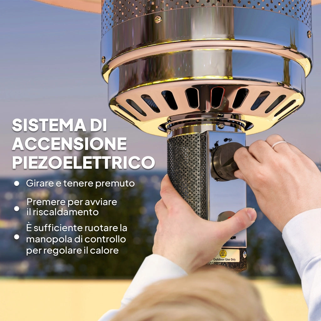 Riscaldatore da Esterno a Gas 11 KW in Metallo Marrone Scuro con Spegnimento Automatico e Ruote per Giardino 82x82x223 cm