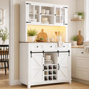 Credenza alta da cucina 105x38,4x180 cm in MDF bianco con LED, ante scorrevoli e ripiani regolabili