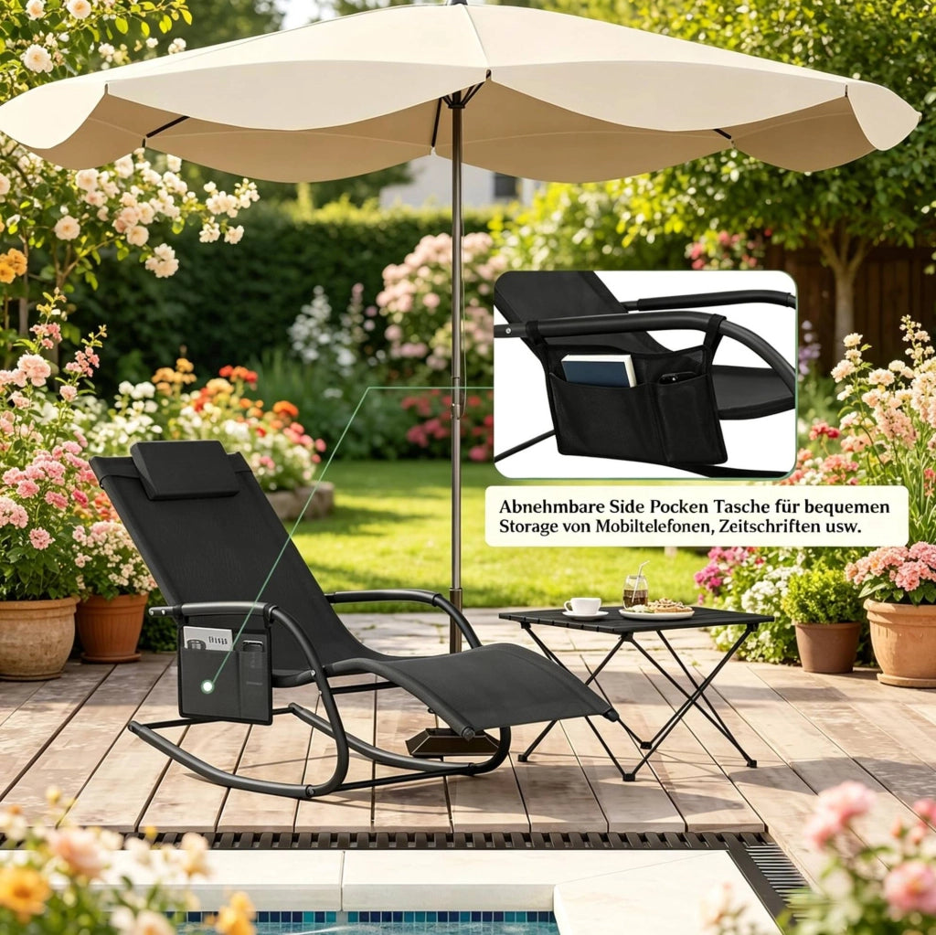 Sedia a dondolo da esterno in policotone nero con struttura in metallo 152x83x62 cm