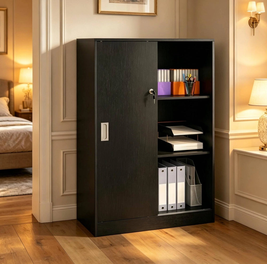 Armadio per documenti nero in truciolato e MDF con 2 ripiani e ante scorrevoli con serratura, 80x40x120 cm