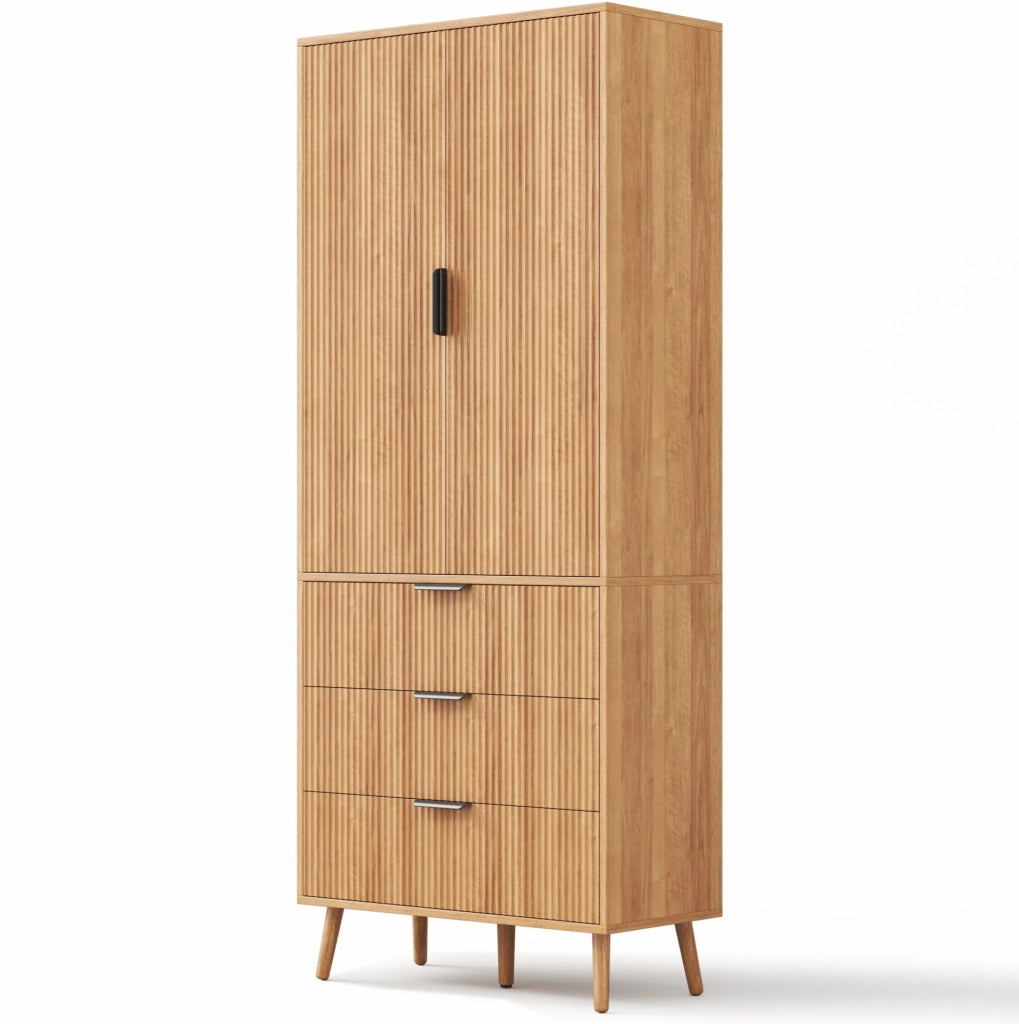 Armadio dispensa in MDF con 2 ante; 3 cassetti e ripiani regolabili; 75 x 35 x 180 cm; naturale