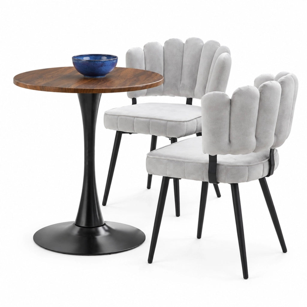 Set tavolo rotondo 60 cm e 2 sedie grigio chiaro in MDF e metallo