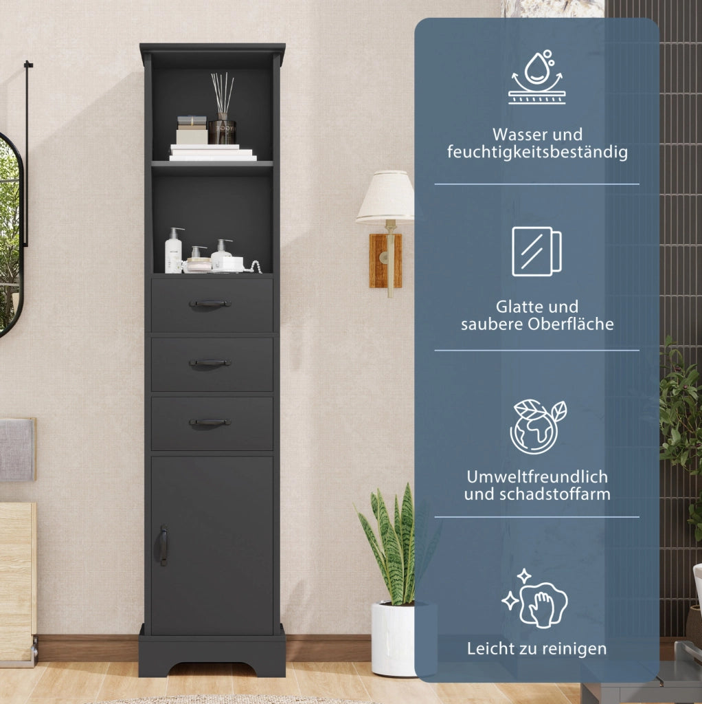 Mobile bagno nero da 38x26x172,5 cm in MDF con 3 cassetti, ripiani regolabili e anta, verniciato per resistenza all'umidità