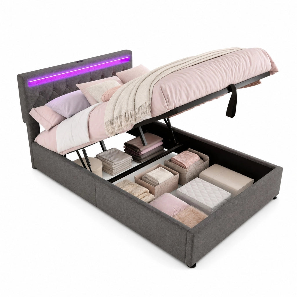 Letto contenitore 140 × 200 cm imbottito con sollevamento idraulico LED USB e USB-C in lino grigio
