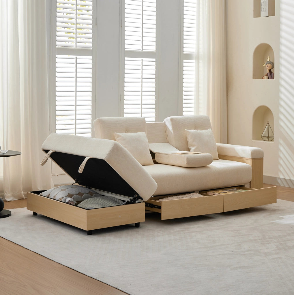 Divano letto in chenille con contenitore e cassetti