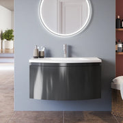 Mobile sospeso 100 cm grigio lucido con un cassetto e lavabo in ceramica, frontale curvo | Lula