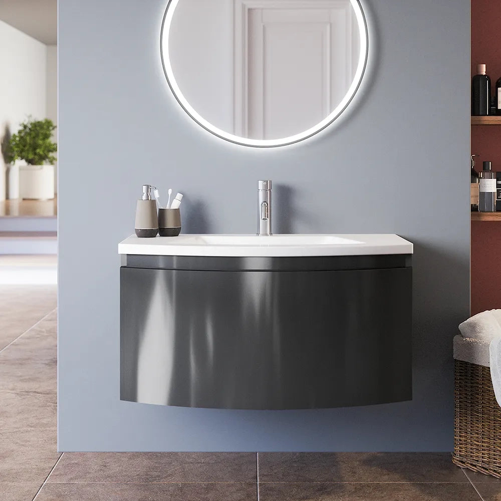 Mobile sospeso 100 cm grigio lucido con un cassetto e lavabo in ceramica, frontale curvo | Lula
