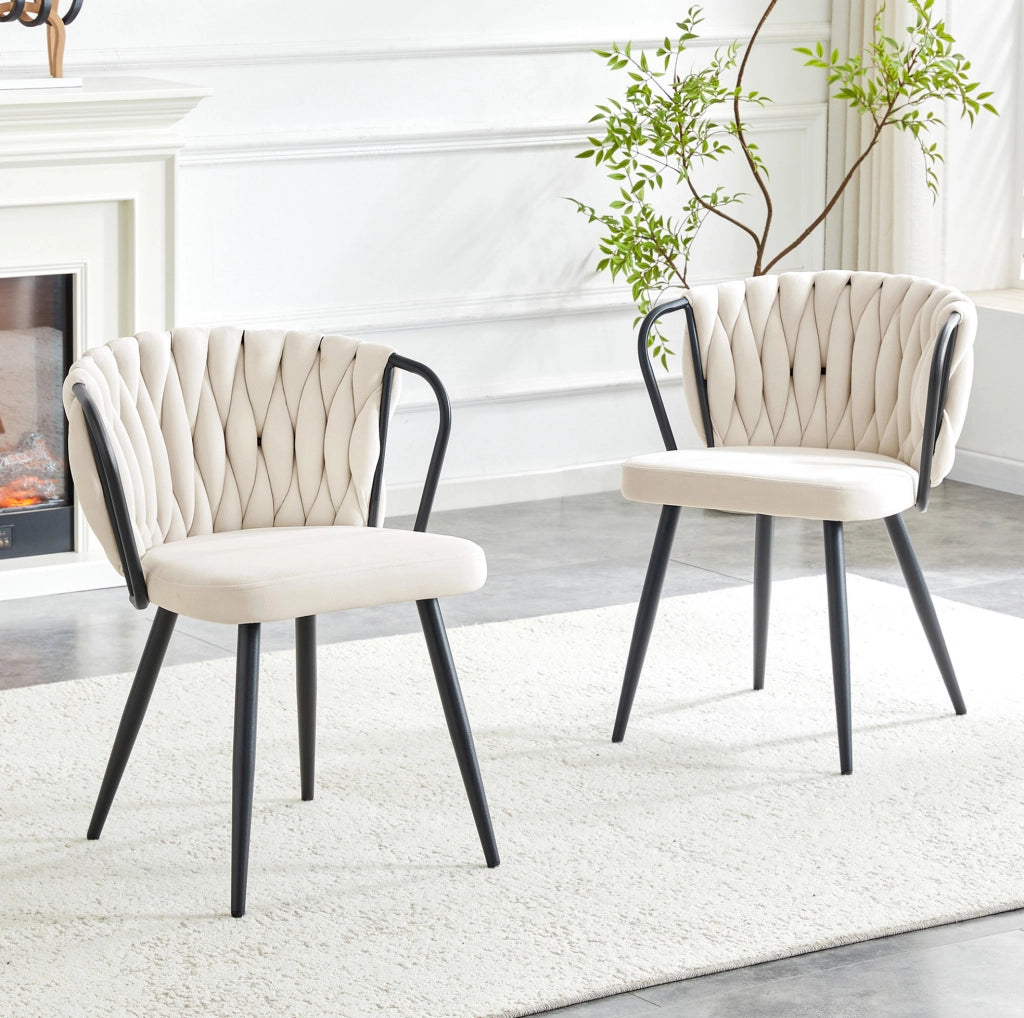 Sedia imbottita in velluto beige con schienale intrecciato
