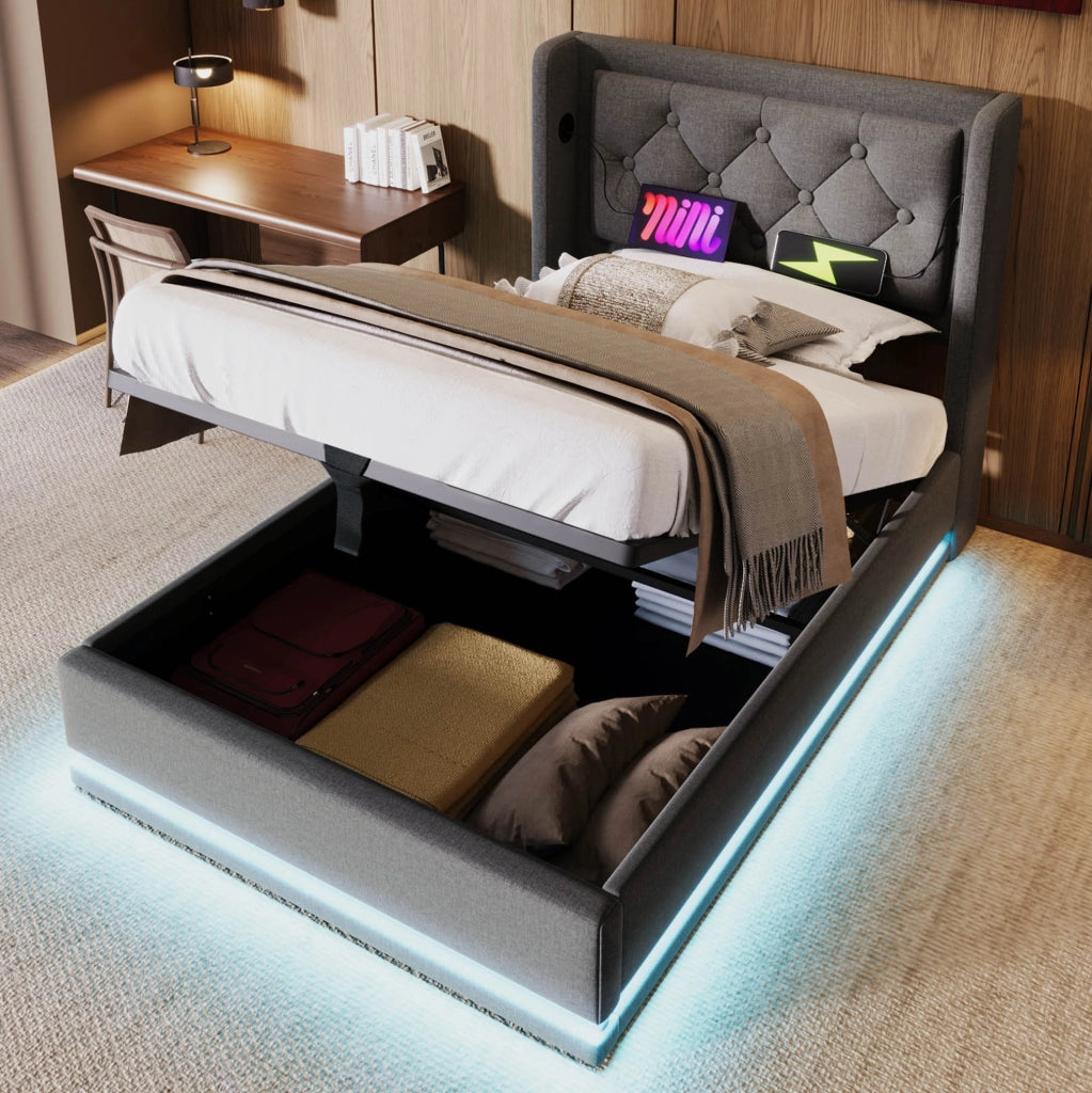 Letto singolo imbottito con contenitore 90x200 cm; cotone grigio; LED e USB Type-C