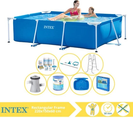 Piscina a forma rettangolare in struttura - Piscina da montare - 220x150x60 cm - Incluso kit di manutenzione, pompa per piscina, filtro, set di manutenzione, cassetta, vasca per i piedi e tegole per piscina