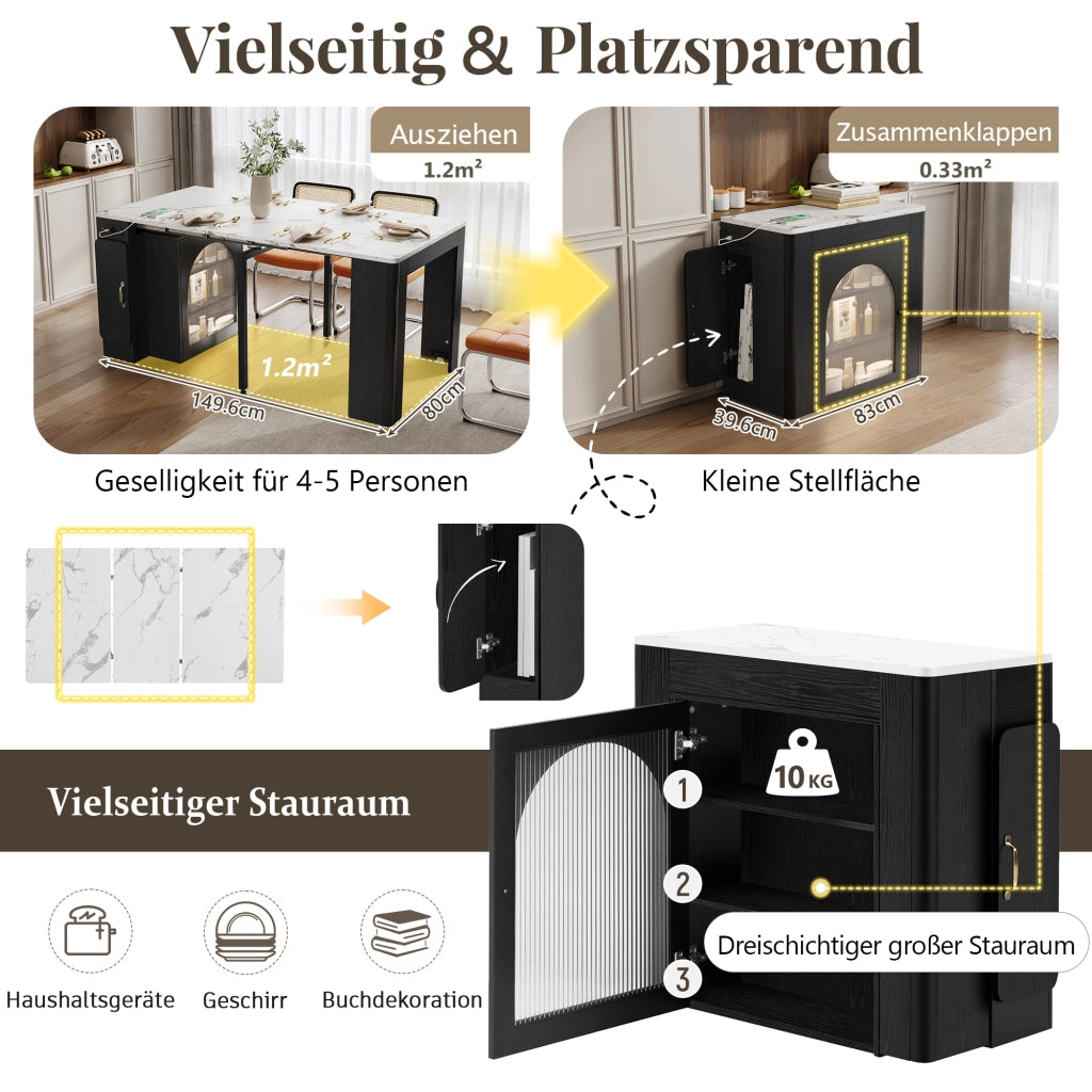 Tavolo allungabile per cucina e sala da pranzo con tre piani estraibili ruote nascoste LED e prese USB Type-C bianco e nero