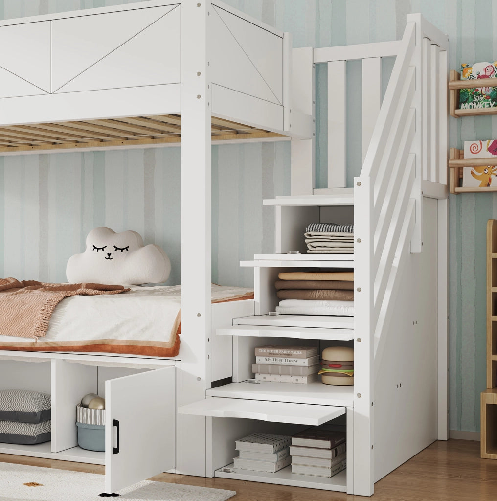 Letto a castello 90x200 cm con scala contenitore e vani con ante bianco
