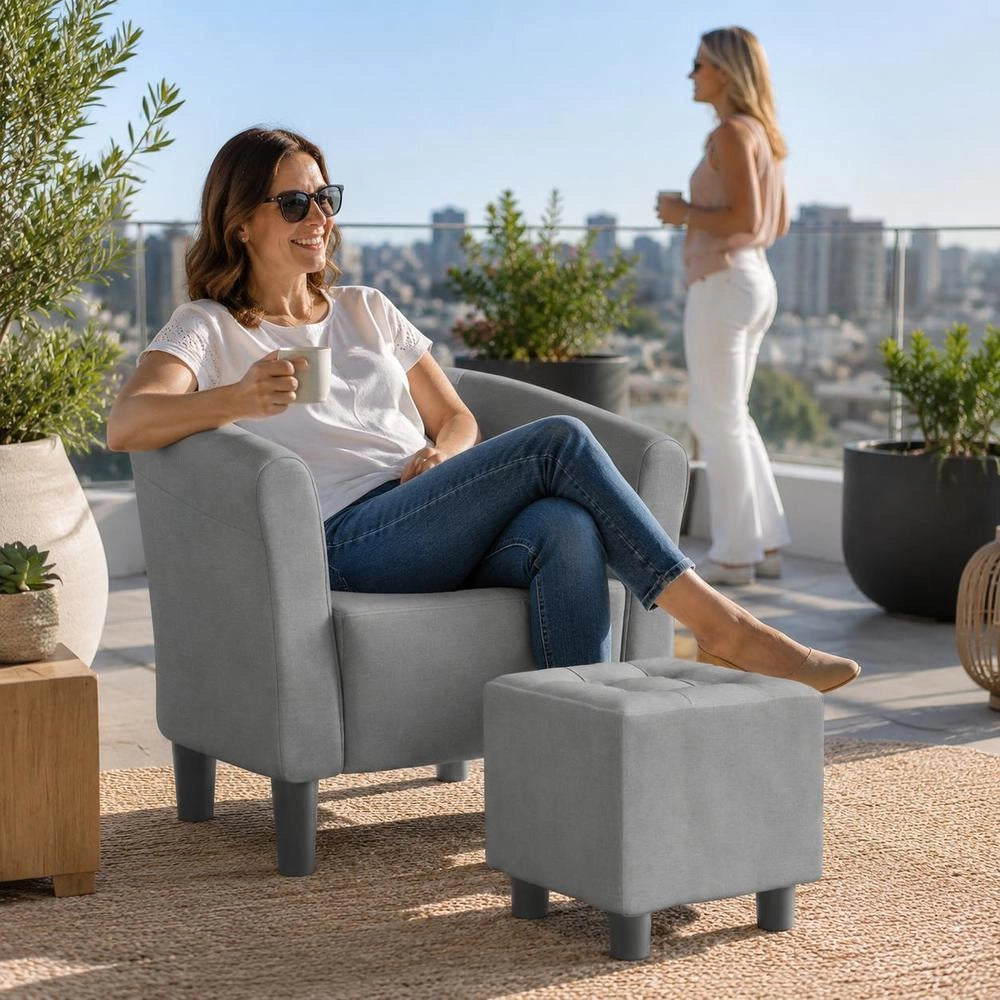 Club Chair With Footstool, Light Grey Fabric