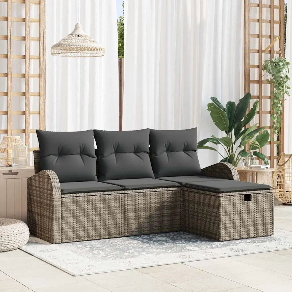 Set Divano da Giardino con cuscino 4 pz | Set Salotto da Giardino Grigio Poly Rattan