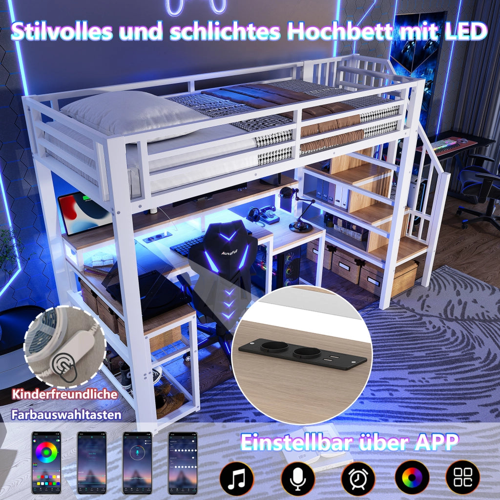 Letto a castello bianco in metallo con funzione scrivania e illuminazione LED 90x200 cm