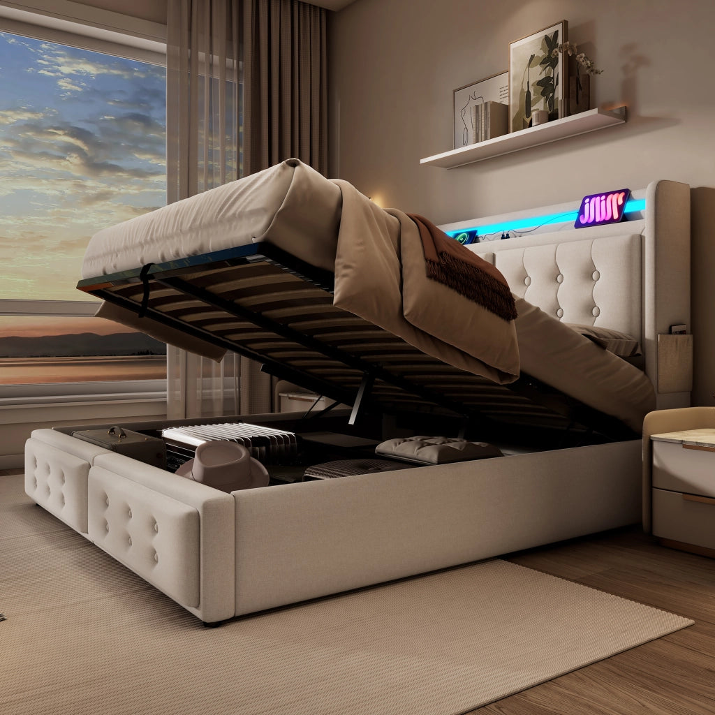 letto imbottito cotone lino beige 180x200 cm
